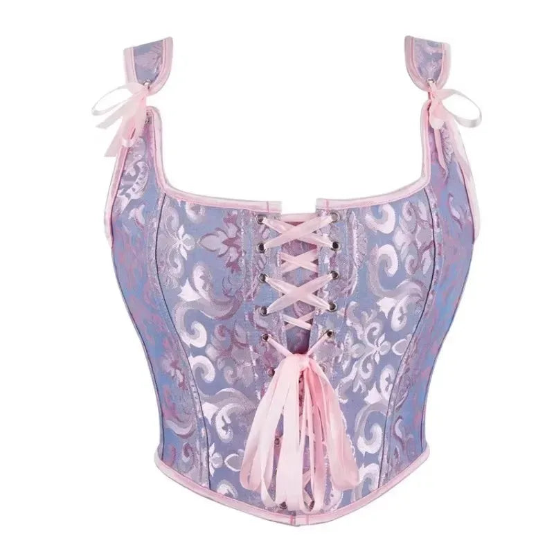 Printed Lace-Up Corset Top with Structured Boning and Adjustable Shoulder Ties