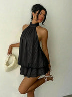Elegant Cream Halter-Neck Mini Dress with Fluid Draped Silhouette
