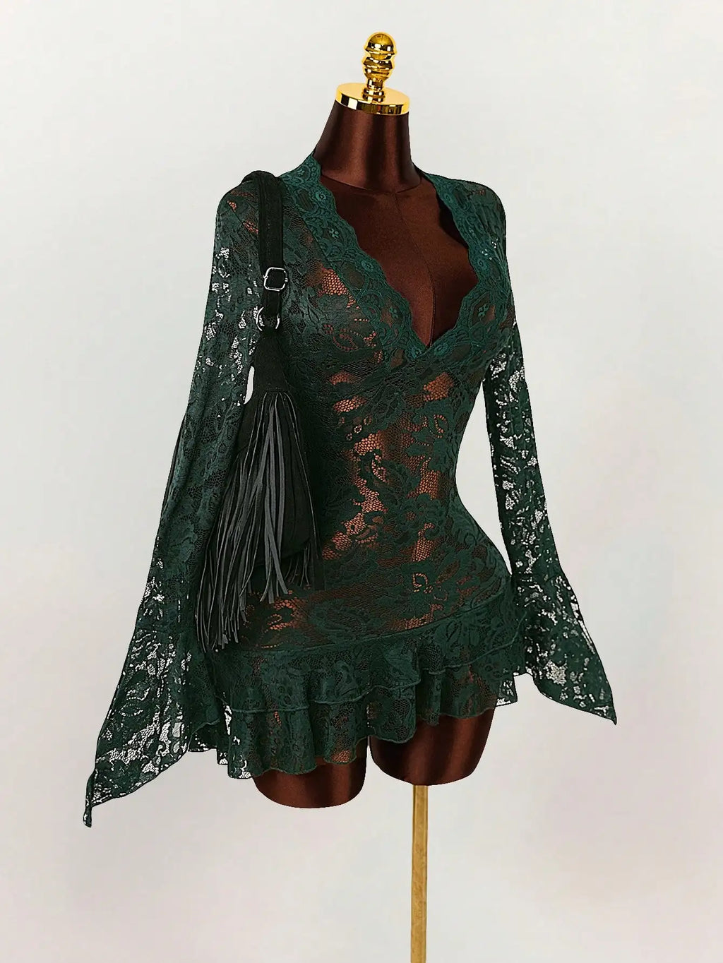Sheer Lace Mini Dress with V-Neckline and Flared Sleeve Party Style