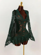 Sheer Lace Mini Dress with V-Neckline and Flared Sleeve Party Style