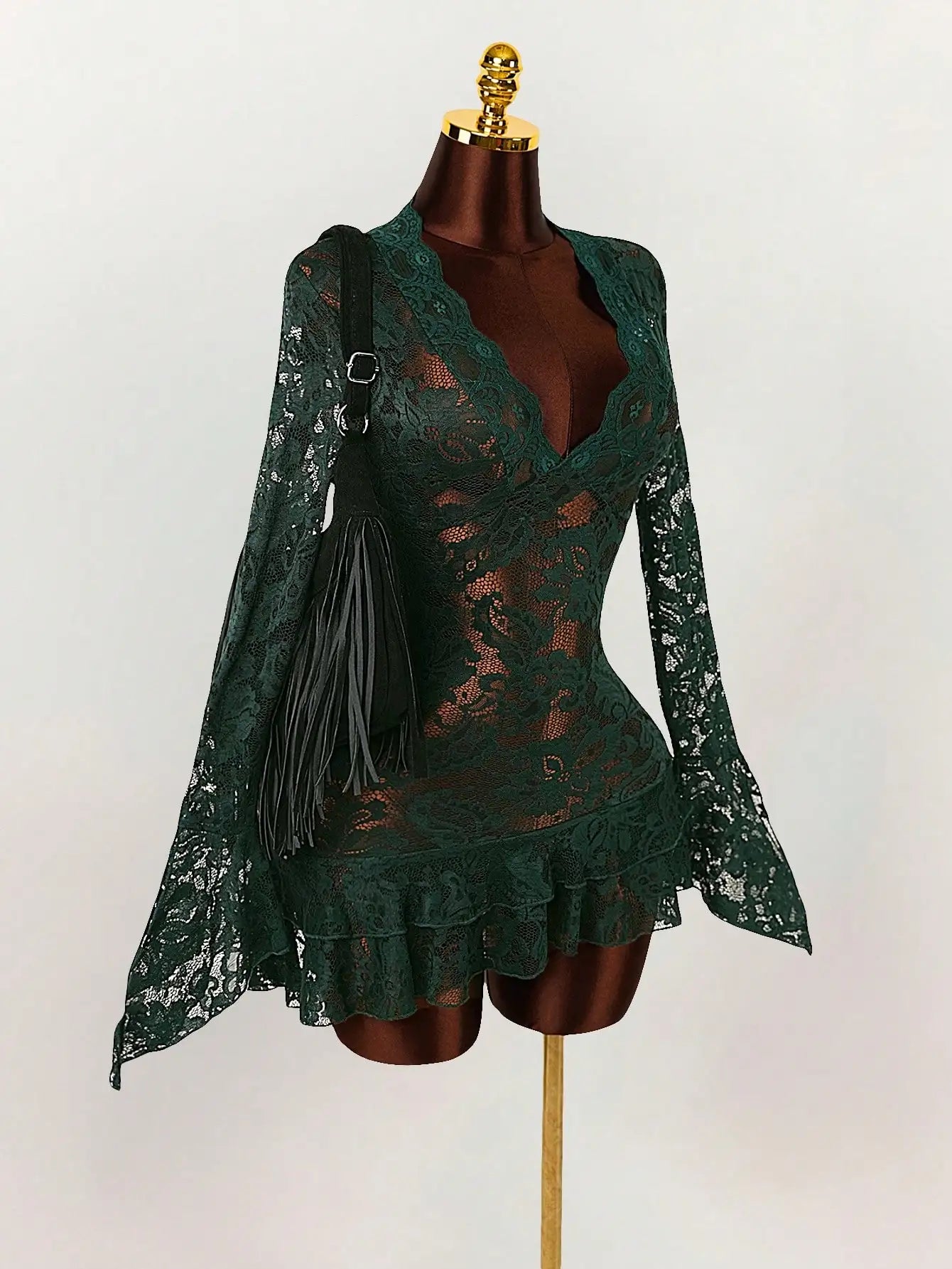 Sheer Lace Mini Dress with V-Neckline and Flared Sleeve Party Style