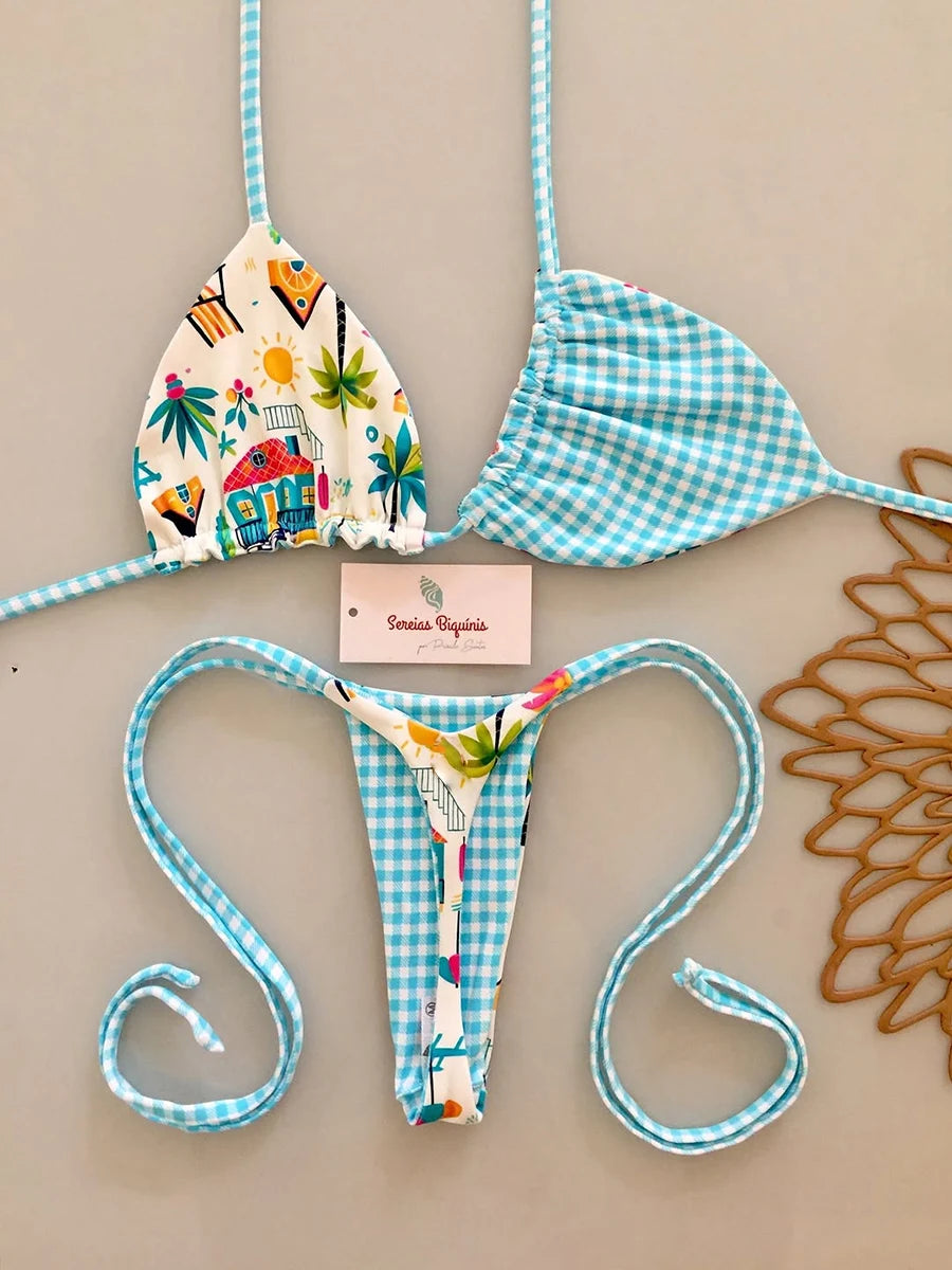 Abstract Print String Bikini Set with Triangle Halter Top and Minimalist Silhouette