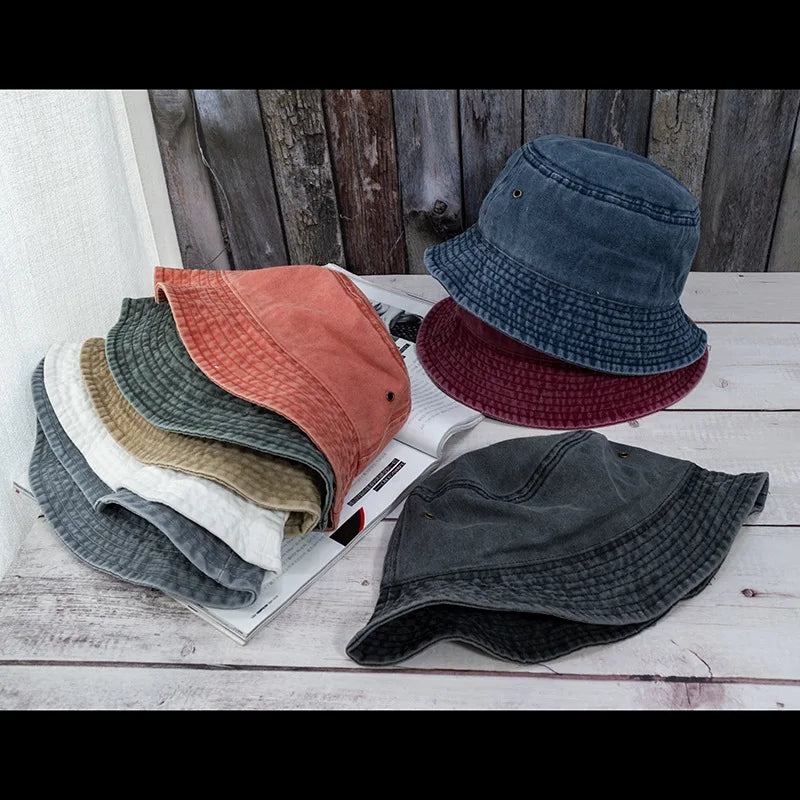 Washed Cotton Bucket Hat Flat Crown Casual Streetwear Outdoor Fisherman Style Hat