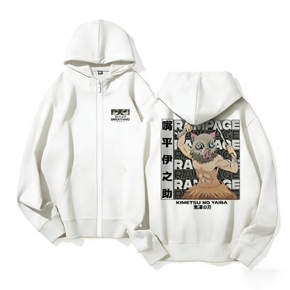 Anime-Inspired Manga Streetwear Zip Hoodie with Fierce Beast Graphic Artwork