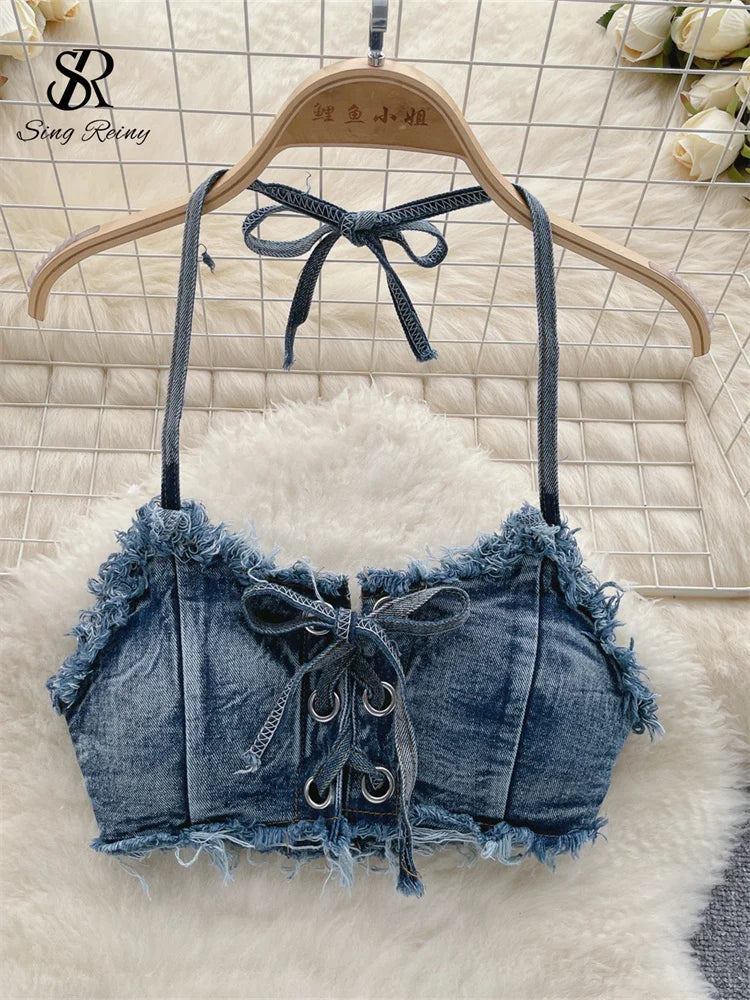 Y2K-Inspired Frayed Denim Halter Bikini Top and Lace-Up Short Set