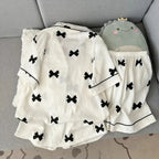 Women's Bow Print Button-Front Pajama Set, Sleeveless Lapel-Style Top and Matching Shorts, Soft Casual Summer Loungewear
