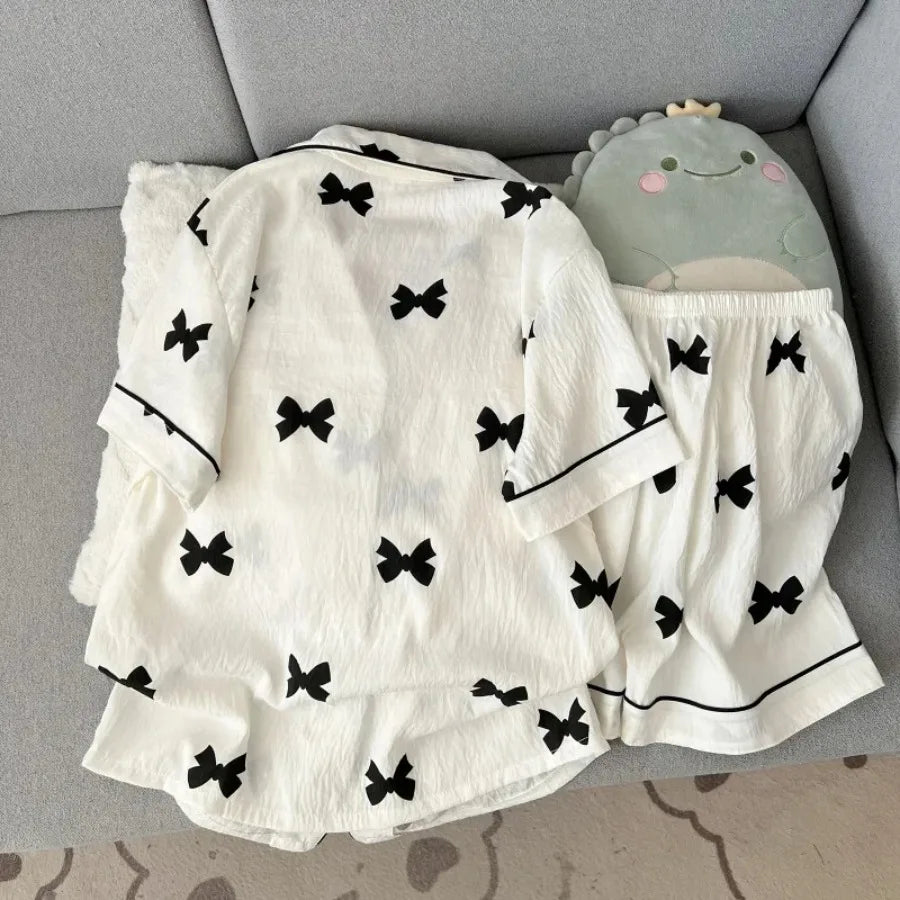 Women's Bow Print Button-Front Pajama Set, Sleeveless Lapel-Style Top and Matching Shorts, Soft Casual Summer Loungewear