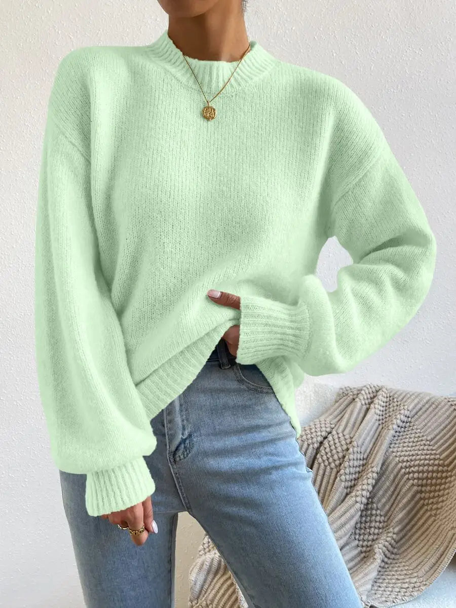 Women's Mock Neck Drop Shoulder Knit Sweater with Relaxed Oversized Silhouette