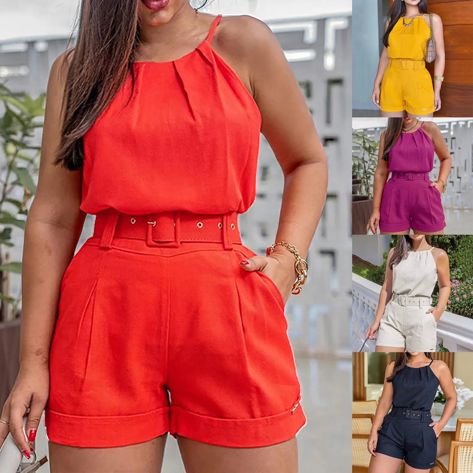 Women's Sleeveless Belted Shorts Co-Ord Set Relaxed Contemporary Summer Outfit