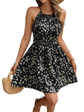 Halter Neck Printed Mini Dress with Smocked Waist and Flared Fit