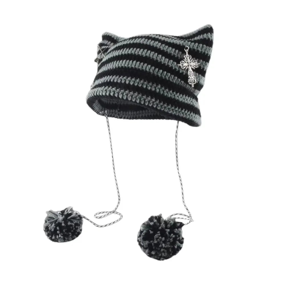 Striped Pointed Knit Beanie with Ear Accents for Playful Streetwear Winter Fashion Style