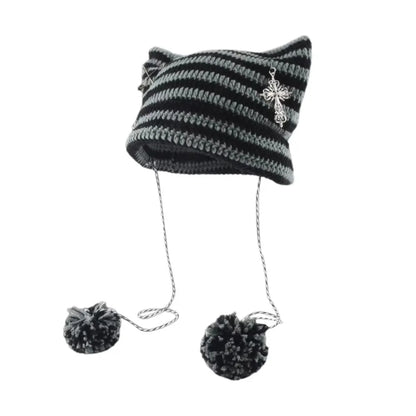 Striped Pointed Knit Beanie with Ear Accents for Playful Streetwear Winter Fashion Style