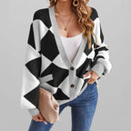 Women's Geometric Color Block Knit Cardigan with Oversized Button Front Design