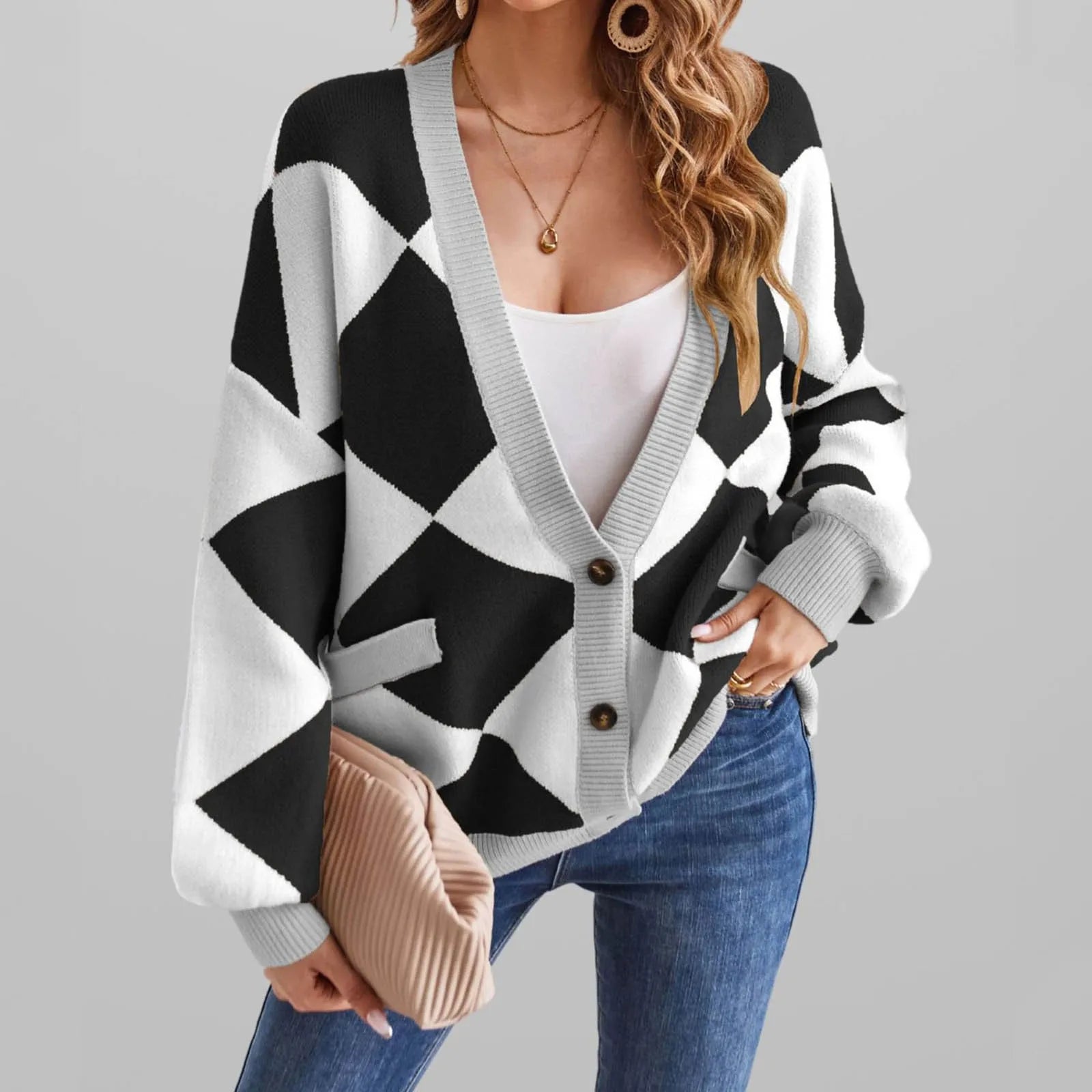 Women's Geometric Color Block Knit Cardigan with Oversized Button Front Design