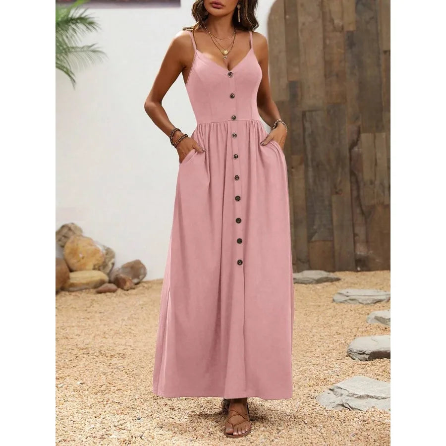 Button Front Maxi Dress With Relaxed A Line Silhouette