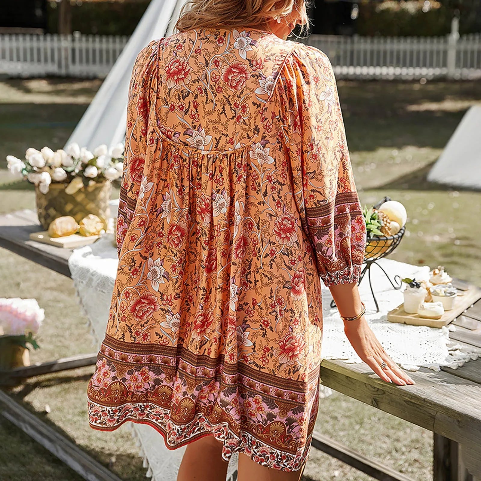 Bohemian Print Mini Dress With Relaxed Fit And Flowing Sleeve Detail
