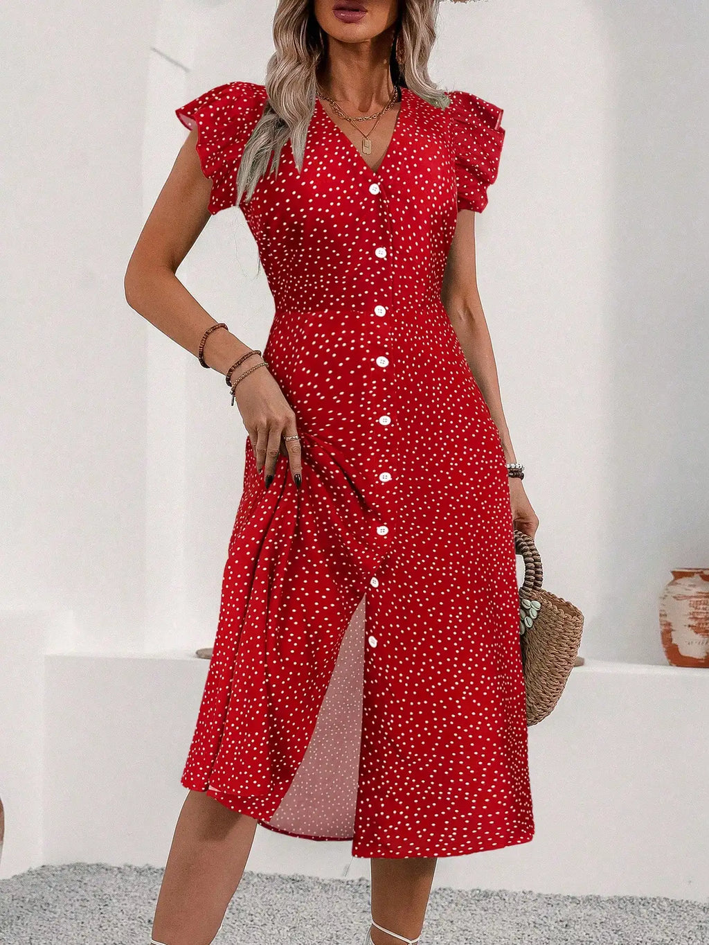 V-Neck Button Front Midi Dress with Side Slit and Puff Sleeves