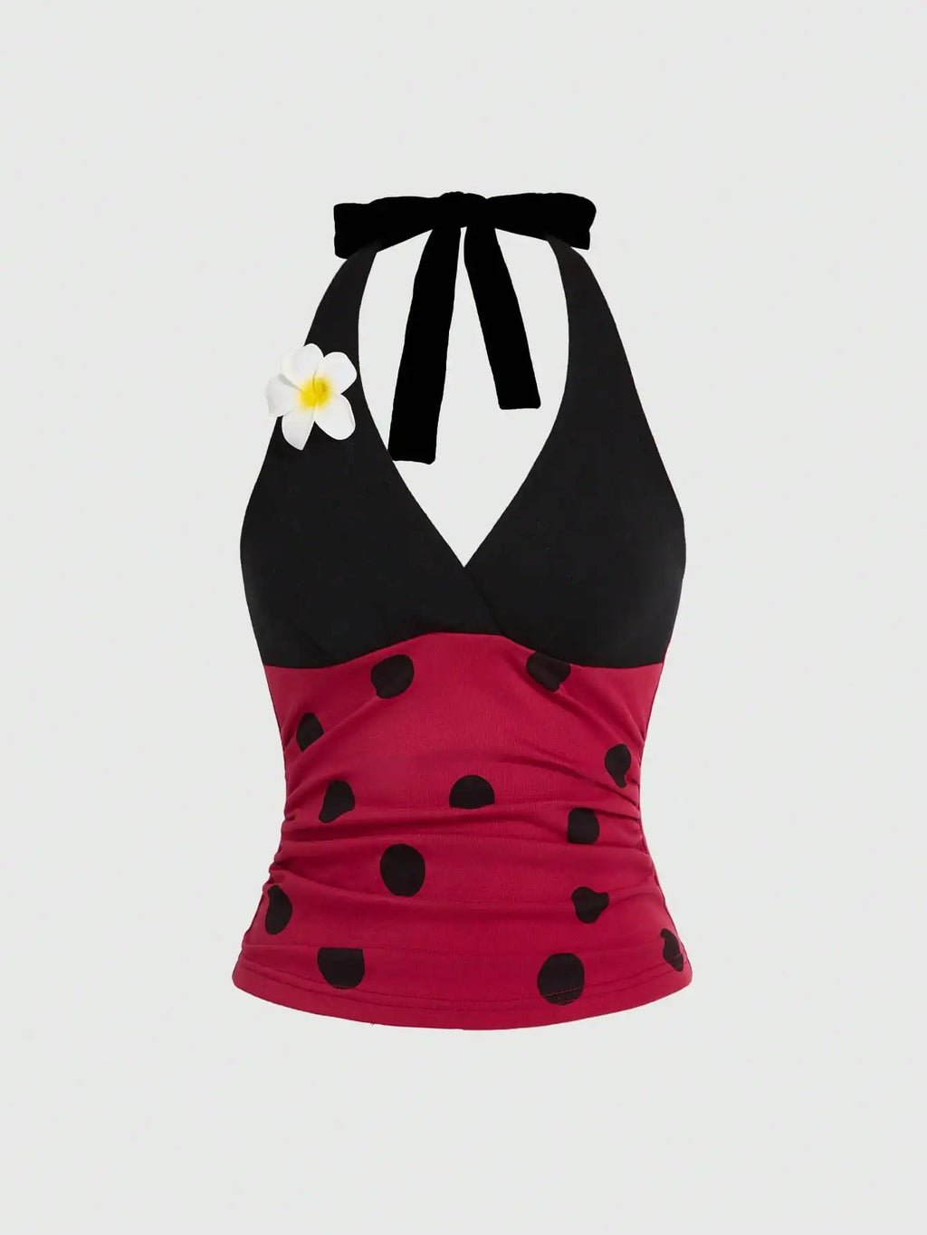 Polka Dot Halter Crop Top with Floral Accent Trendy Summer Style