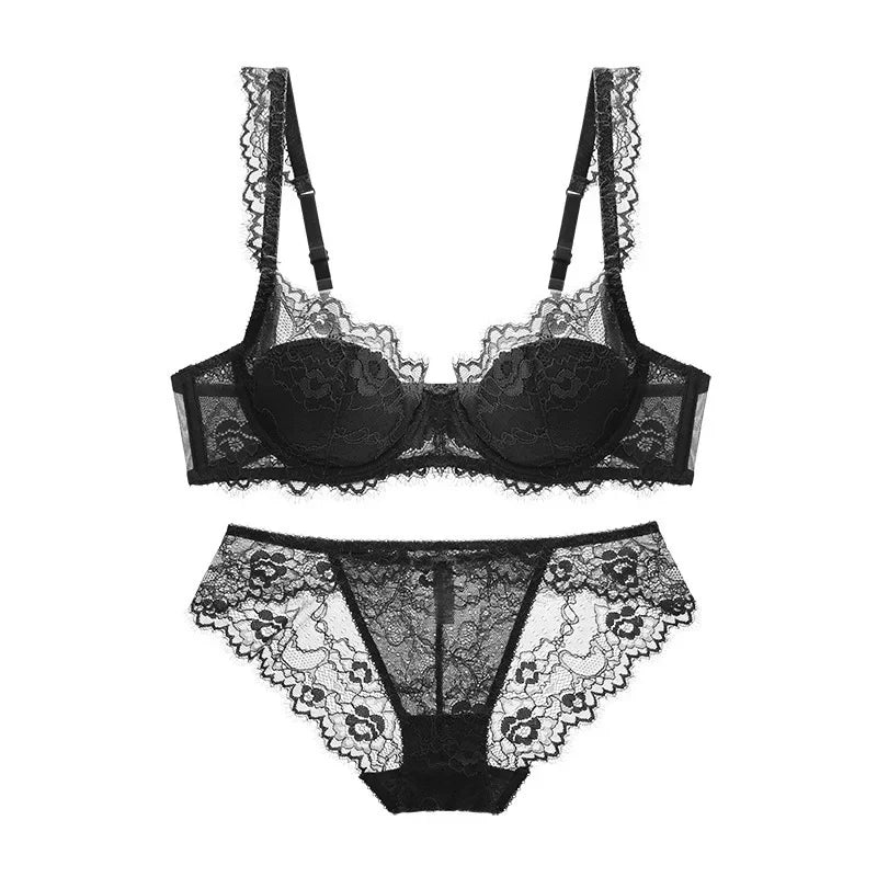 Delicate Blush Lace Lingerie Set with Adjustable-Strap Bra and Sheer-Detail Brief