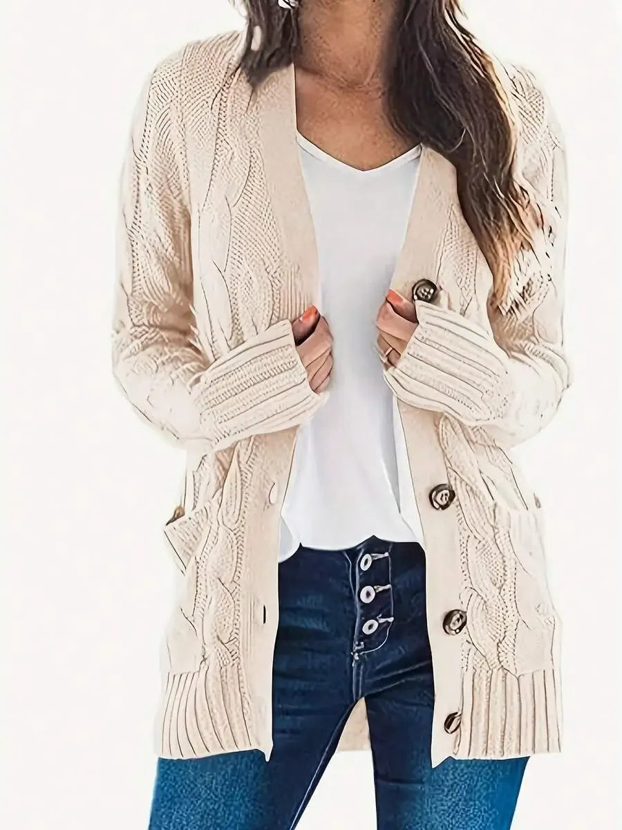 Women's Open Front Cable Knit Cardigan with Relaxed Long Sleeve Pocket Design