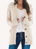 Women's Open Front Cable Knit Cardigan with Relaxed Long Sleeve Pocket Design