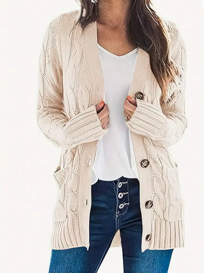 Women's Open Front Cable Knit Cardigan with Relaxed Long Sleeve Pocket Design
