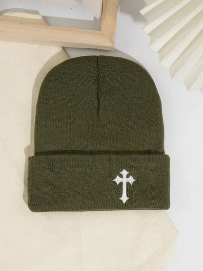 Minimalist Embroidered Cross Acrylic Knit Beanie for Modern Streetwear Winter Casual Fashion Style