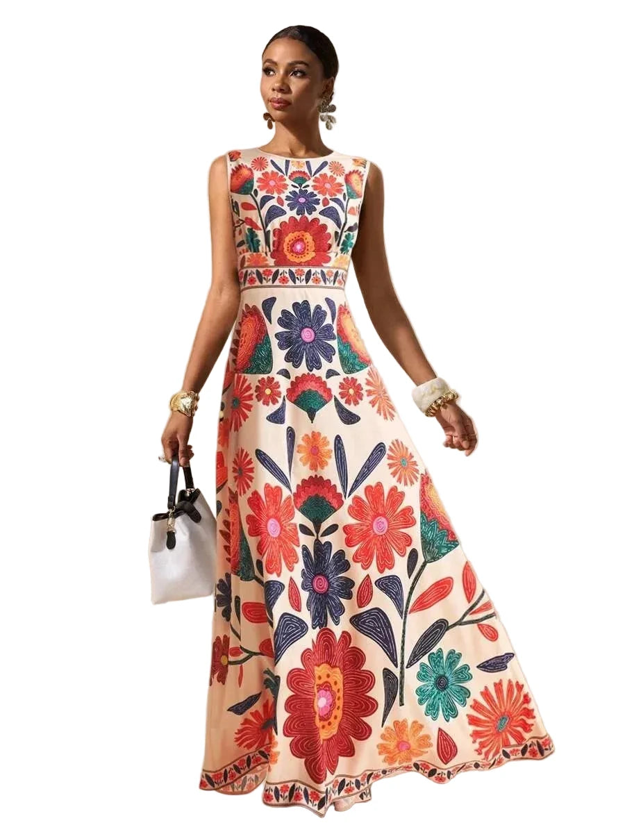 Vibrant Botanical Print Sleeveless Maxi Dress with Elegant Round Neckline