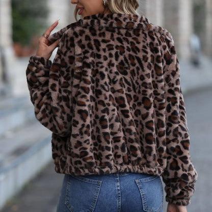 Women's Cropped Leopard Print Faux Fur Hooded Jacket Relaxed Streetwear Zip-Up Outerwear