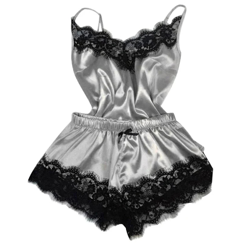 Satin Cami Pajama Set with Black Lace Trim, Delicate Spaghetti Straps and Coordinating Shorts