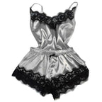 Satin Cami Pajama Set with Black Lace Trim, Delicate Spaghetti Straps and Coordinating Shorts