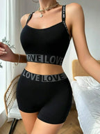 Athletic Letter-Print Bralette and High-Waisted Ribbed Lounge Shorts Two-Piece Set