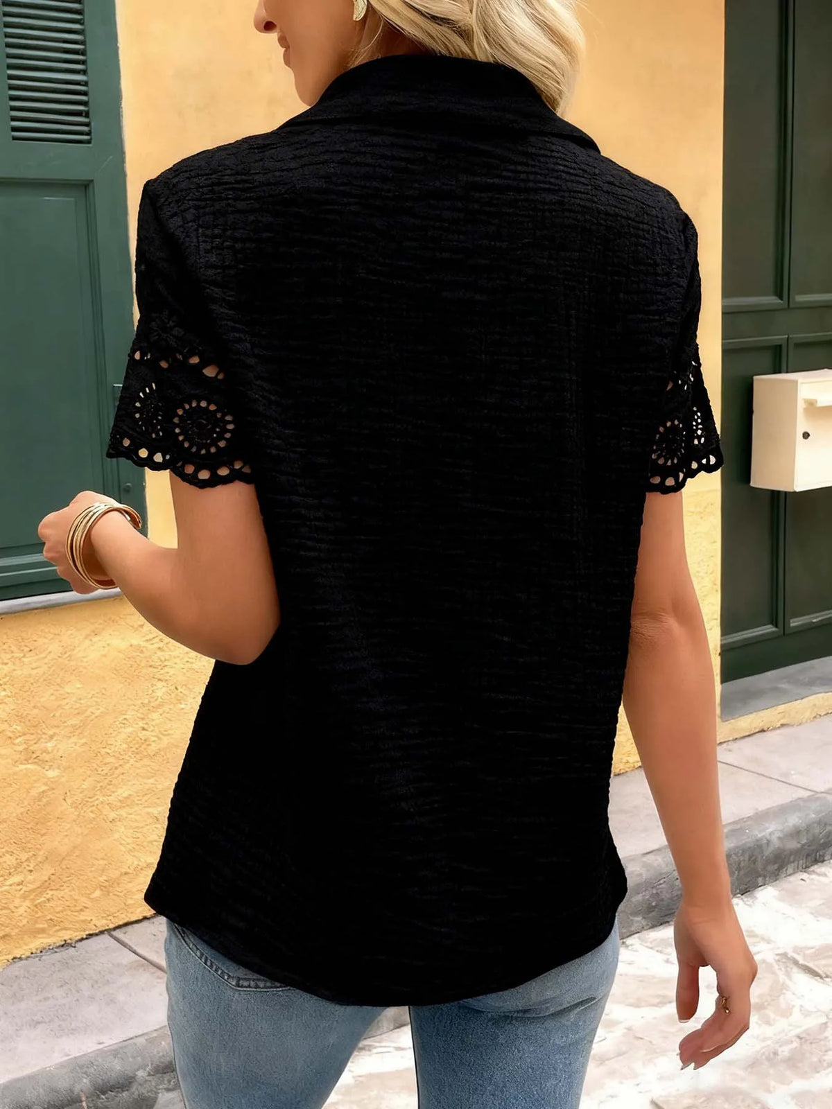 Crisp White Cotton Short-Sleeve Blouse with Floral Eyelet Embroidery