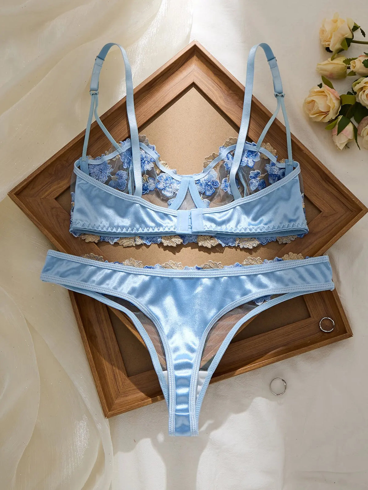 Romantic Light Blue Floral Appliqué Underwire Lingerie Set