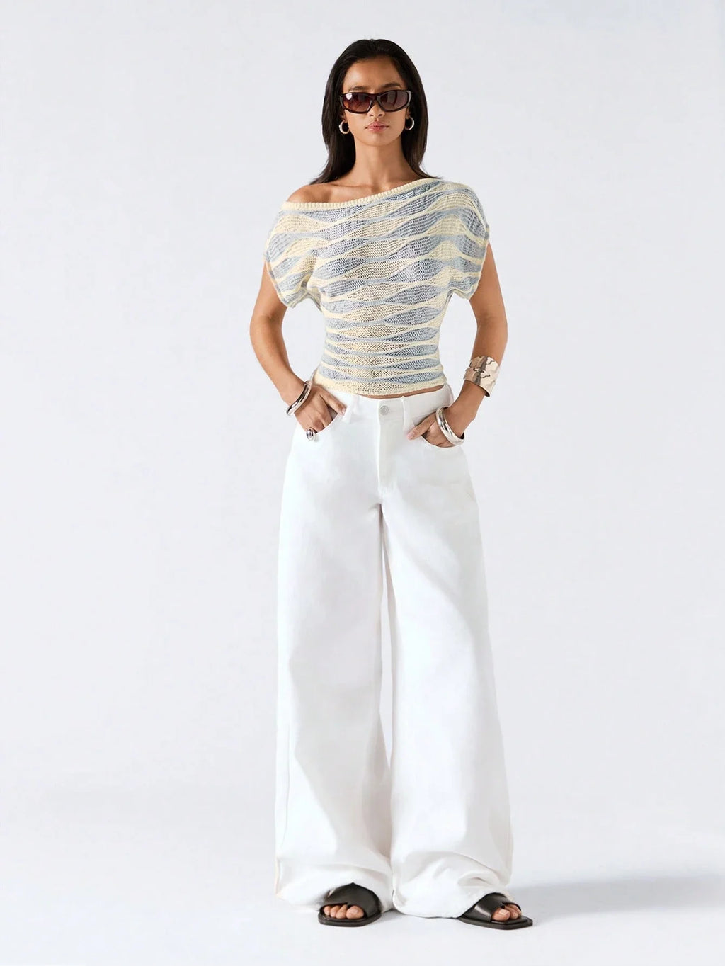 Off Shoulder Striped Knit Crop Top with Relaxed Summer Streetwear Style