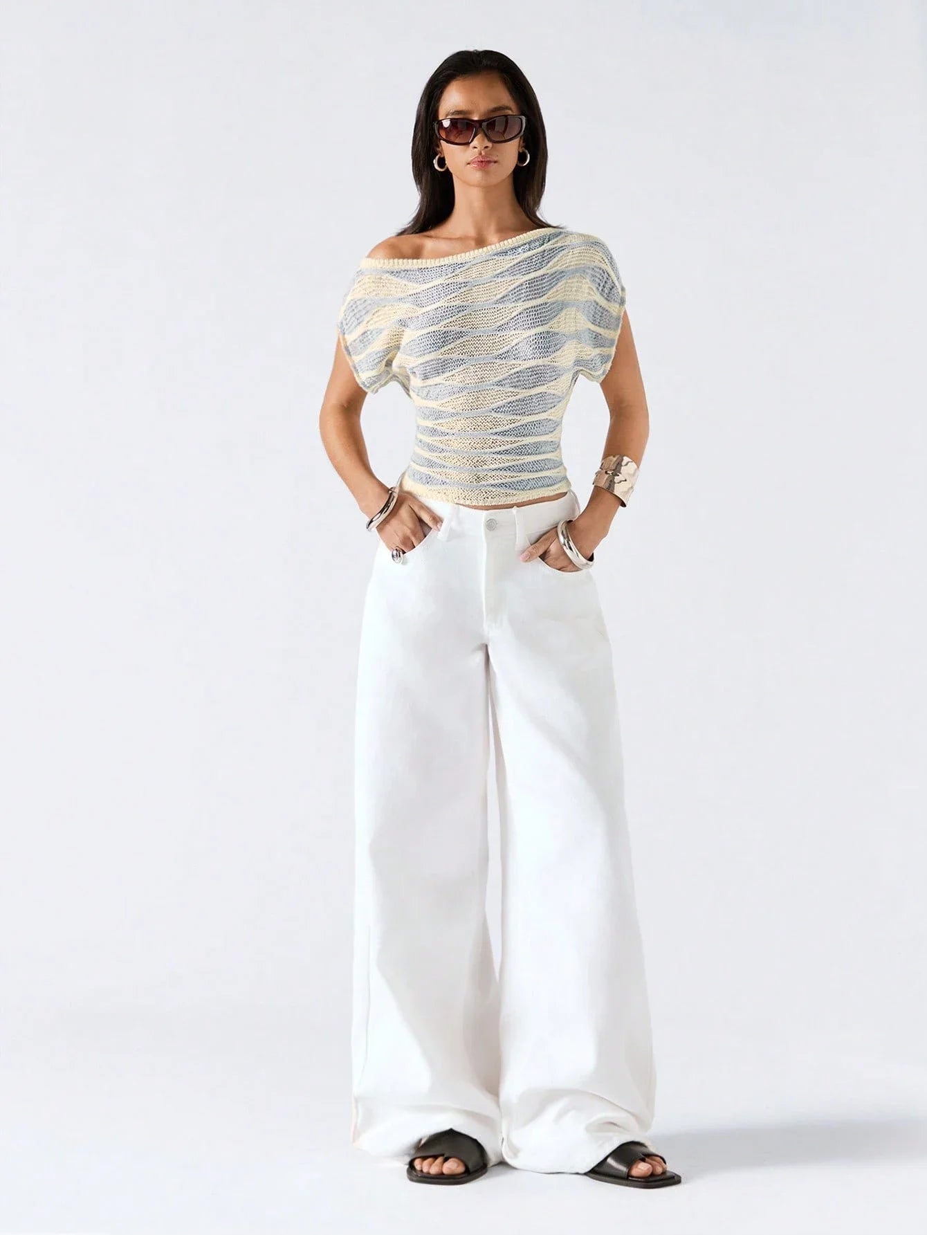 Off Shoulder Striped Knit Crop Top with Relaxed Summer Streetwear Style