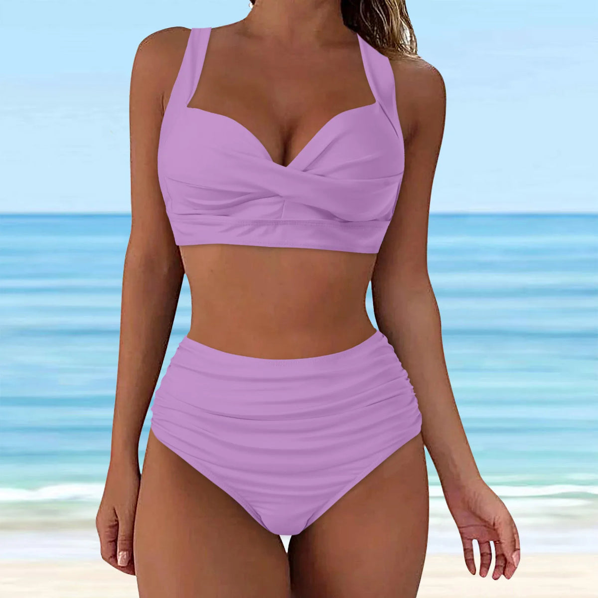 High-Waisted Blue Two-Piece Bikini Set with Structured Cup Detail and Feminine Frill Accent