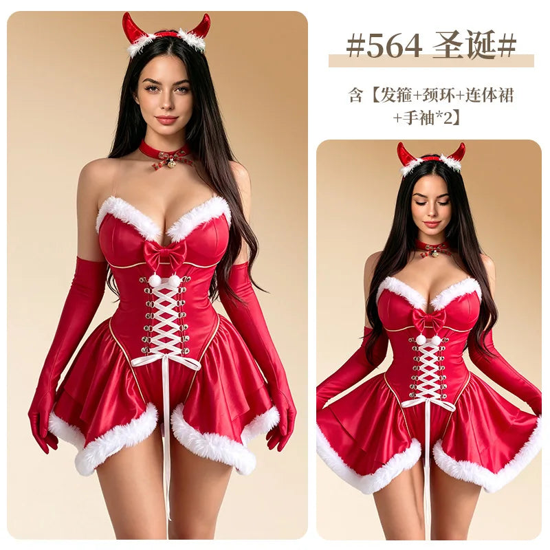 Festive Red Lace-Up Mini Dress with Faux-Fur Trim and Matching Accessories