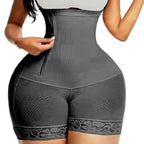 High-Waisted Mid-Thigh Shaping Shorts with Center Closure and Floral Lace Hem
