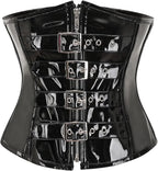 High-Shine Black Faux Leather Underbust Corset with Zipper and Buckles