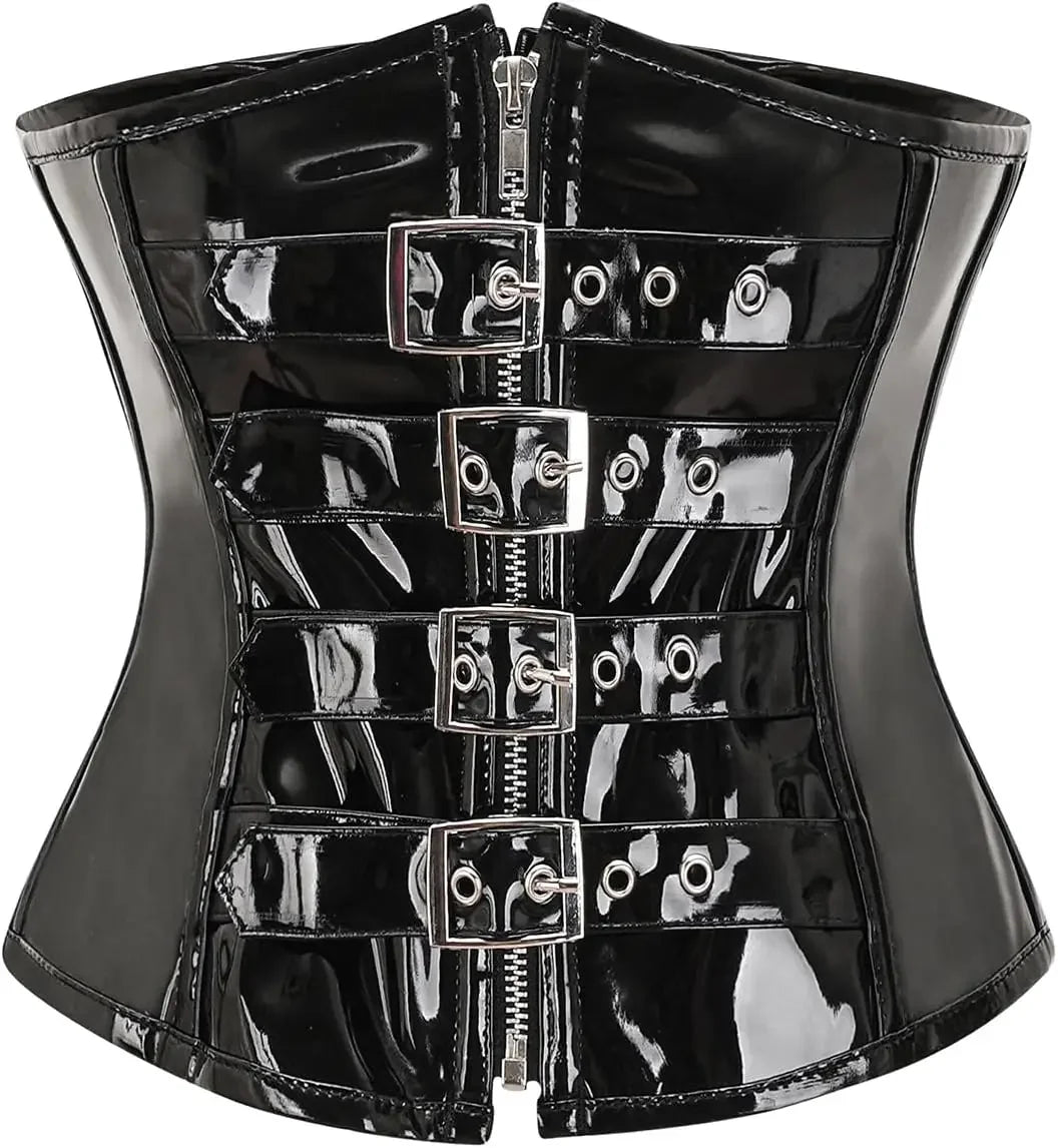 High-Shine Black Faux Leather Underbust Corset with Zipper and Buckles