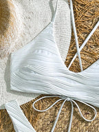 Textured Crisp White V-Neck Bikini Set with Criss-Cross Back Detailing