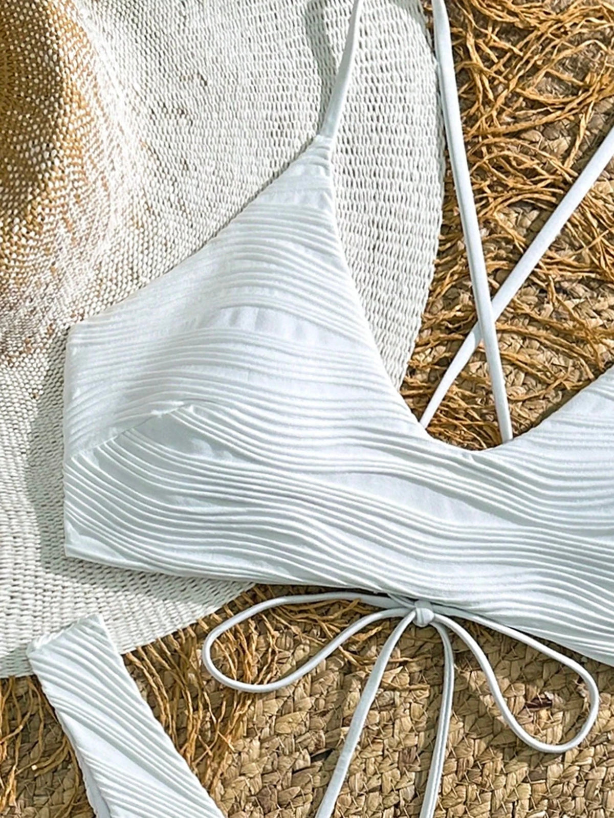 Textured Crisp White V-Neck Bikini Set with Criss-Cross Back Detailing