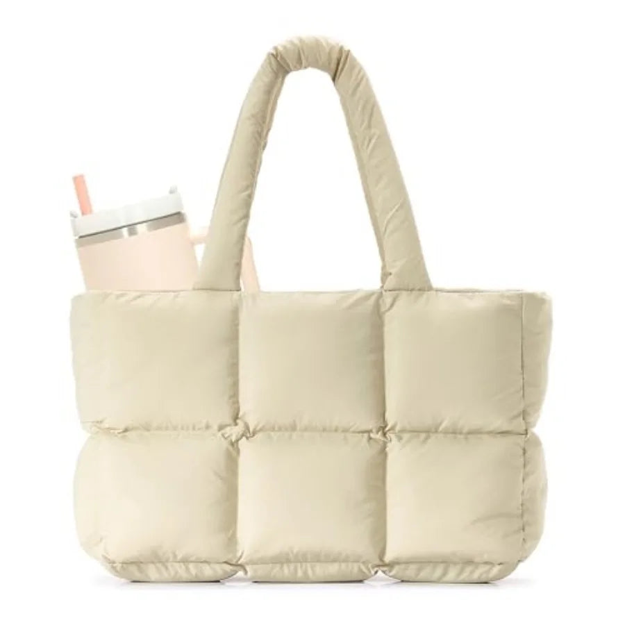 Large Quilted Puffer Tote Shoulder Bag with Utility Storage Compartments