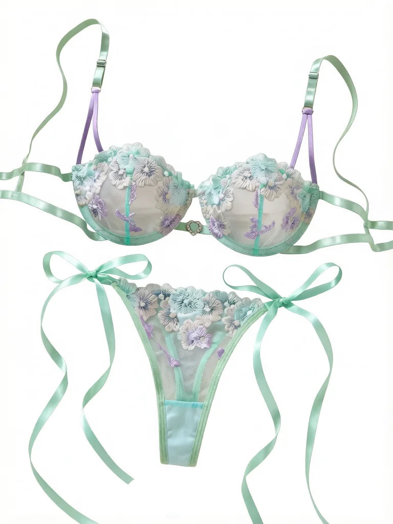 Ethereal Mint Green Underwire Bra and Tie-Side Panty Set with Lavender Embroidery