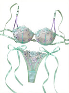 Ethereal Mint Green Underwire Bra and Tie-Side Panty Set with Lavender Embroidery