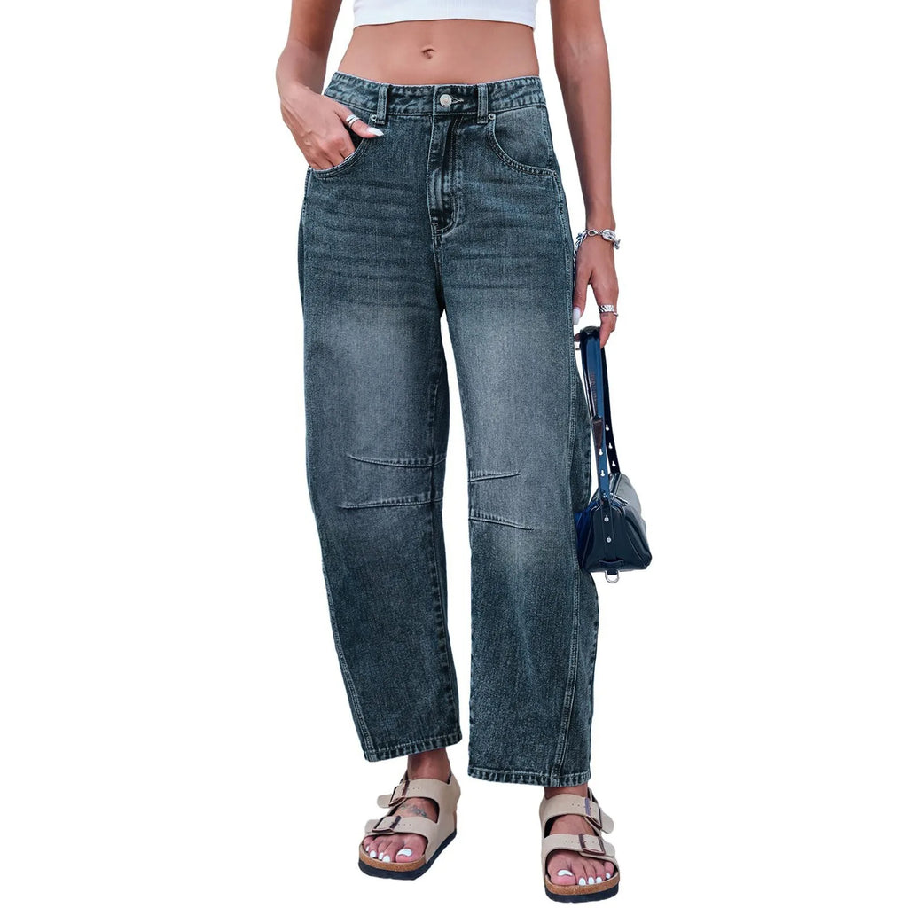 Women's Mid Rise Cropped Barrel Leg Stretch Denim Jeans with Relaxed Streetwear Fit