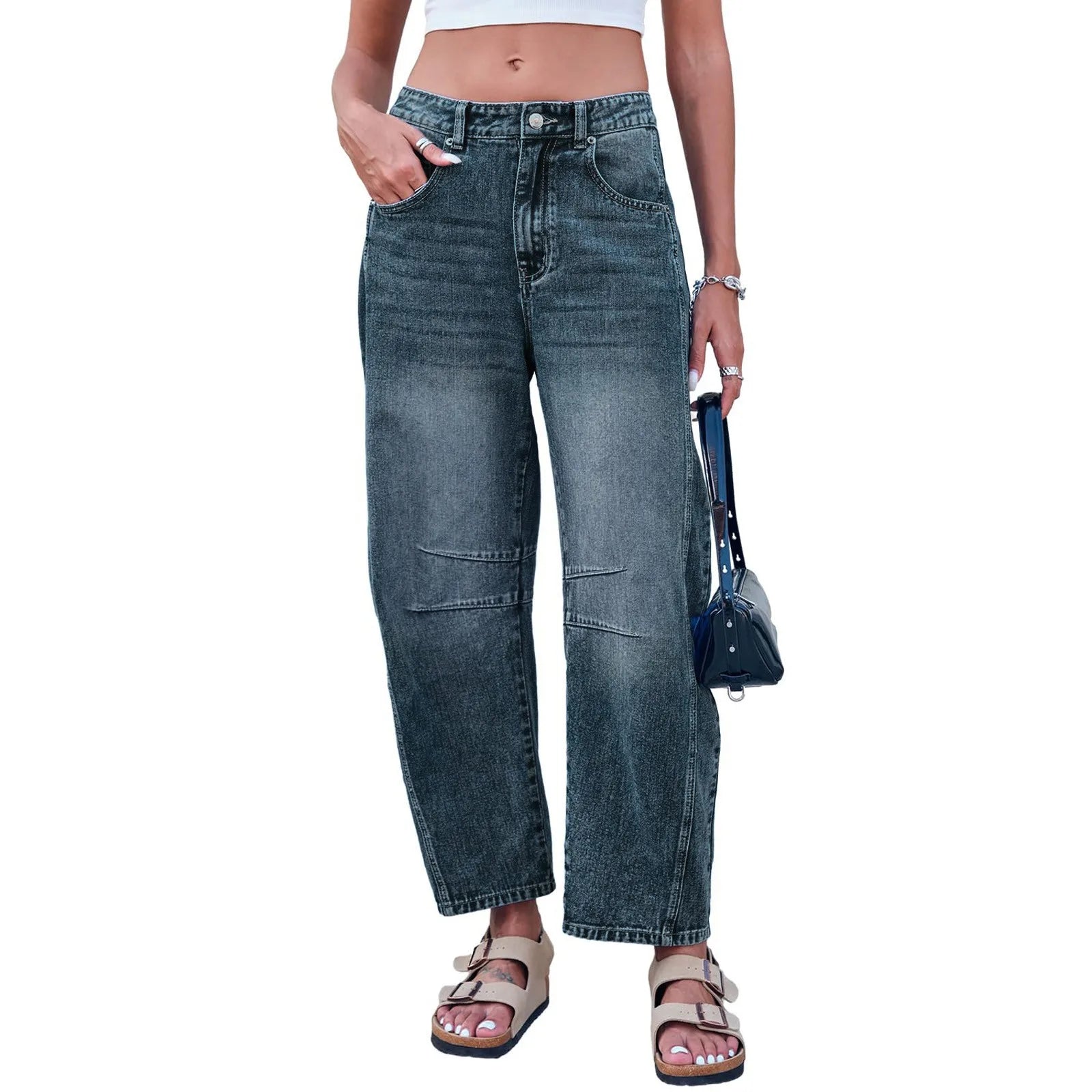 Women's Mid Rise Cropped Barrel Leg Stretch Denim Jeans with Relaxed Streetwear Fit