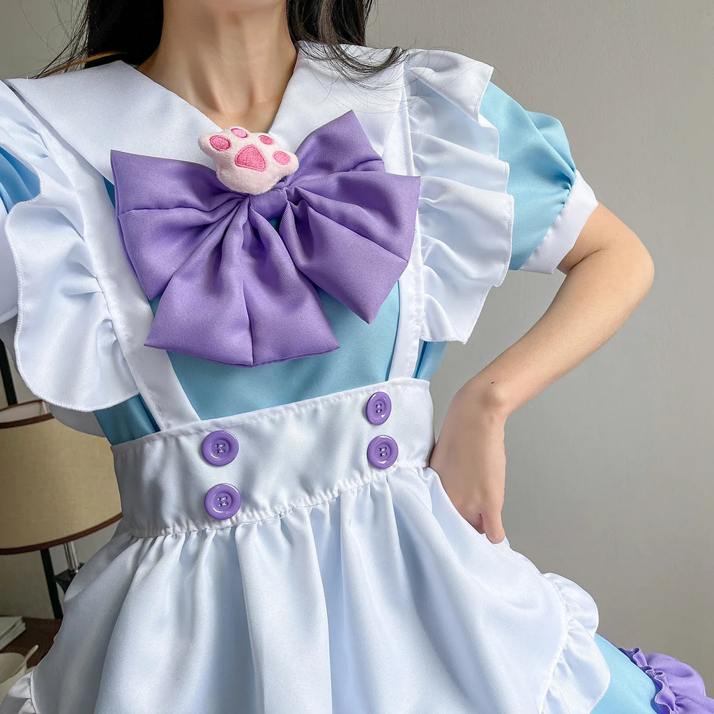Pastel Tri-Color Lolita Maid Dress with Tiered Ruffles and Purple Bow Accent