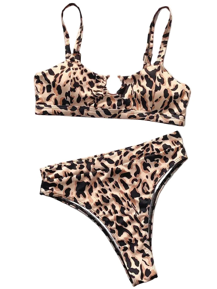 Bold Leopard Print Bralette Bikini with U-Notch Detail and High-Waisted Bottom